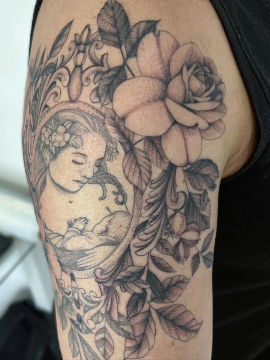 Custom blackwork tattoo by Sina Tattooer, York